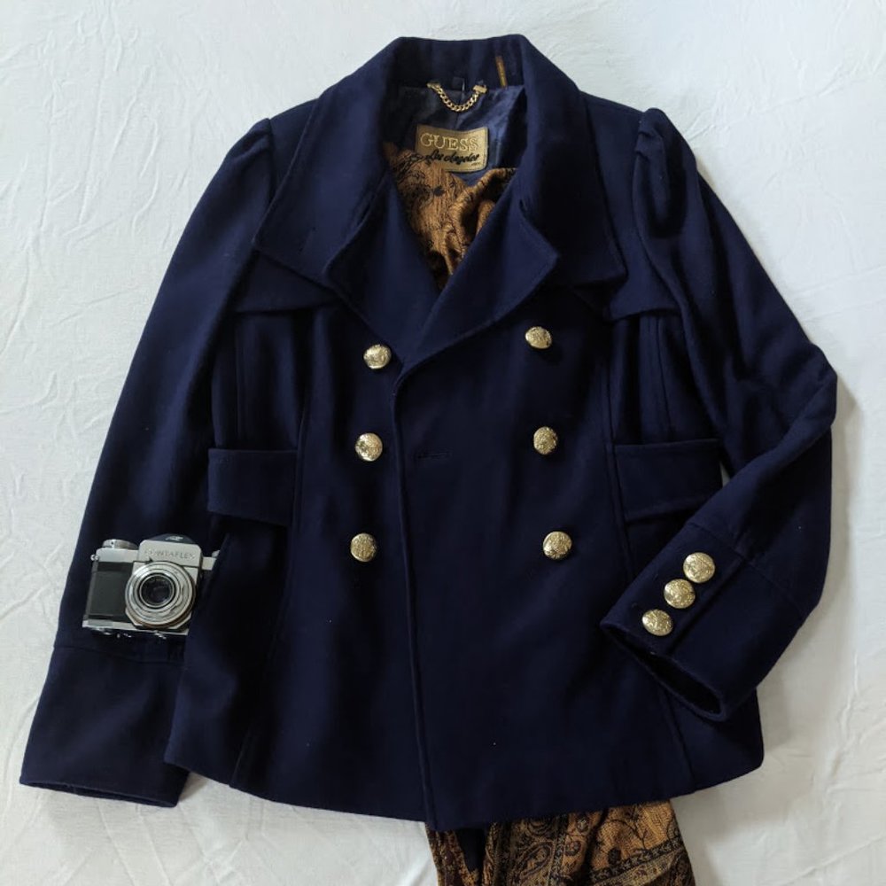 Guess Navy Double-Breasted Wool Blend Peacoat with Gold Buttons